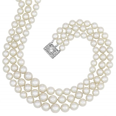 Lot 401 - Triple Strand Cultured Pearl Necklace with Diamond Clasp