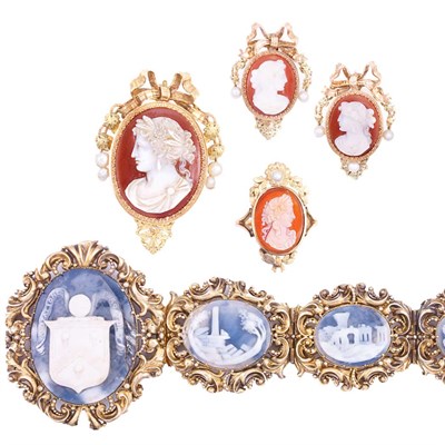 Lot 49 - Antique Gold and Shell Cameo Bracelet and Group of Gold, Hardstone Cameo and Pearl Jewelry