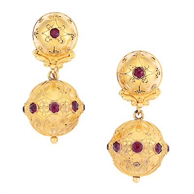 Lot 259 - Pair of Etruscan Revival Antique Gold and Garnet Pendant-Earrings