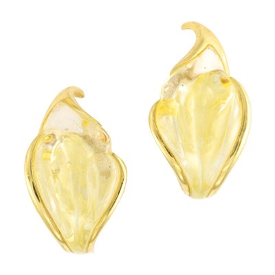 Lot 7 - Pair of Gold and Carved Rock Crystal Leaf Earclips, Tiffany & Co., Elsa Peretti