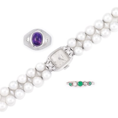 Lot 841 - Double Strand Cultured Pearl, White Gold and Diamond Wristwatch and Two Gem-Set and Diamond Rings
