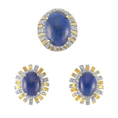 Lot 7 - Gold, Lapis and Diamond Ring and Pair of Earclips
