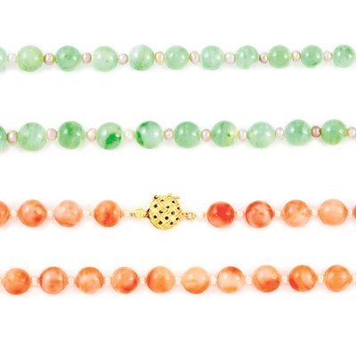 Lot 735 - Two Angel Skin Coral and Jade Bead and Freshwater and Cultured Pearl Necklaces