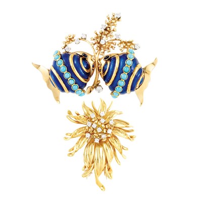 Lot 615 - Gold, Enamel, Turquoise and Diamond Earclips/Brooch, Tiffany & Co., and Gold and Diamond Clip-Brooch