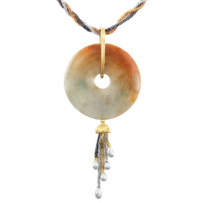 Lot 383 - Triple Strand Tricolor Gold Woven Chain with Bicolor Jade and Biwa Pearl Pendant, Gilbert Albert