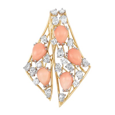 Lot 243 - Gold, Angel Skin Coral and Diamond Brooch, Gilbert Albert