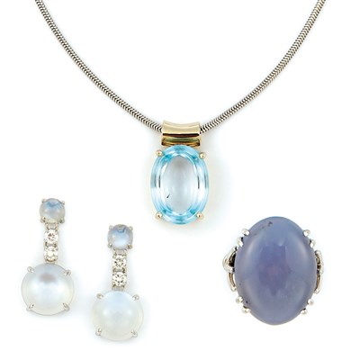 Lot 751 - Platinum and Lavender Jade Ring, Pair of Moonstone and Diamond Earrings and Cabochon Blue Topaz Pendant with Chain