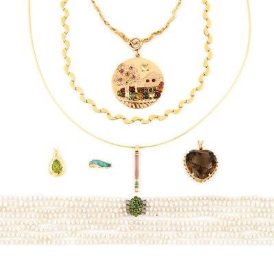 Lot 818 - Group of Gold and Gem-Set Jewelry and Long Four Strand Freshwater Pearl Necklace