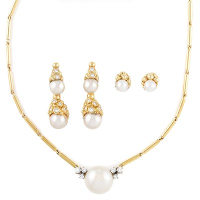 Lot 547 - Gold, Button Cultured Pearl and Diamond Necklace and Two Pairs of Earrings, Gilbert Albert