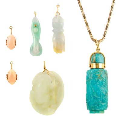 Lot 932 - Group of Carved Hardstone Pendants, Pair of Coral Earrings and Gold Snake Chain