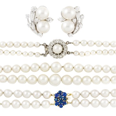 Lot 767 - Two Double Strand Cultured Pearl Necklaces and Pair of Earclips