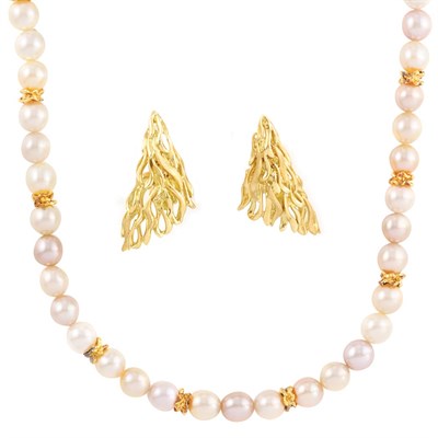 Lot 717 - Pair of Gold Earrings, Gilbert Albert, and Freshwater Pearl and Silver Gilt Necklace