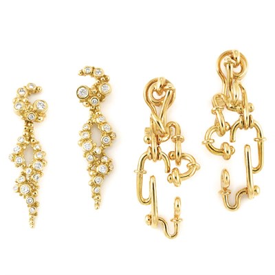 Lot 718 - Pair of Gold and Diamond Pendant-Earrings and Pair of Gold Pendant-Earrings, Gilbert Albert