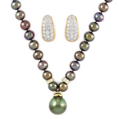 Lot 687 - Dyed Black Cultured Pearl, Gold and Diamond Necklace with Black Cultured Pearl Pendant and Pair of Diamond Earrings
