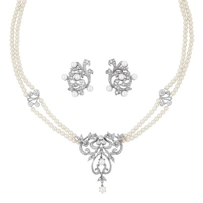 Lot 68 - Double Strand Cultured Pearl, Simulated Pearl, Platinum, Gold and Diamond Necklace and Pair of Cultured Pearl and Diamond Earclips
