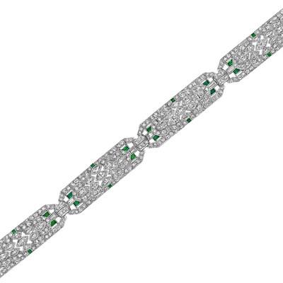 Lot 495 - Art Deco Platinum, Diamond and Simulated Emerald Bracelet
