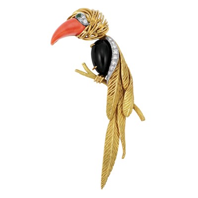 Lot 409 - Gold, Coral, Black Onyx and Diamond Toucan Clip-Brooch, Bulgari