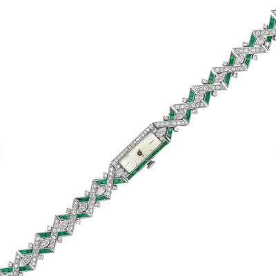 Lot 499 - Platinum, Diamond and Emerald Wristwatch