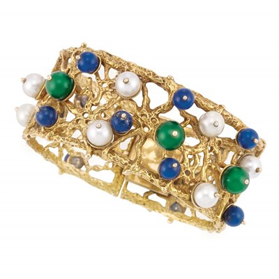 Lot 425 - Nugget Gold, Cultured Pearl, Nephrite and Lapis Bead Cuff Bangle Bracelet, Paul Flato