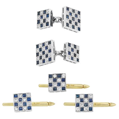 Lot 159 - White Gold, Gold, Diamond and Sapphire Dress Set