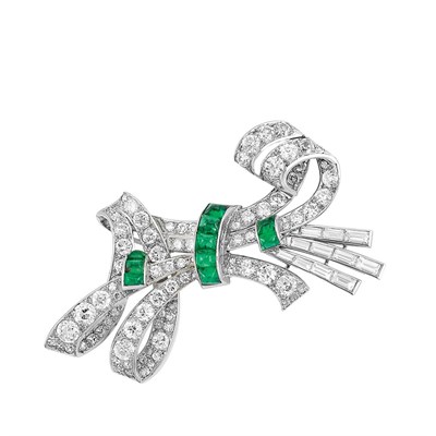 Lot 500 - Platinum and Diamond and Emerald Bow Brooch, Reflections, by Trabert & Hoeffer, Mauboussin