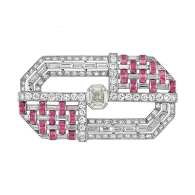 Lot 503 - Art Deco Platinum, Diamond and Ruby Brooch