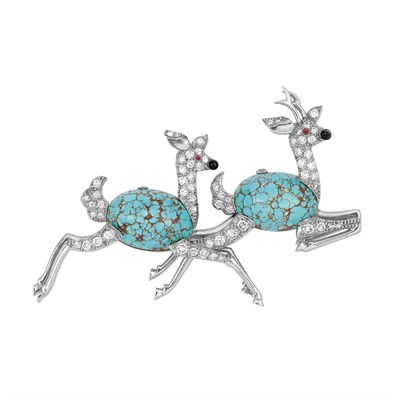 Lot 226 - Platinum, Turquoise, Ruby and Black Enamel Reindeer Brooch
