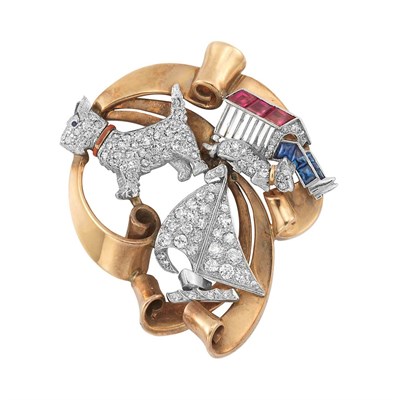 Lot 109 - Gold, Platinum, Diamond and Gem-Set Charm Clip-Brooch