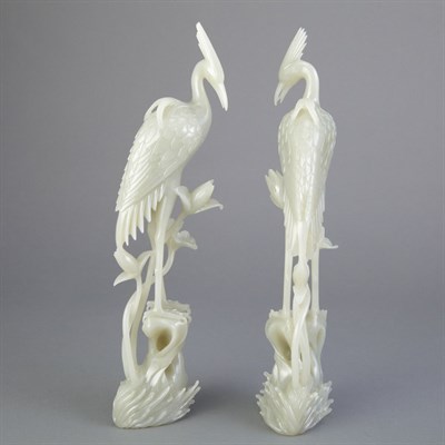 Lot 161 - Pair of Chinese Celadon Jade Figures of Cranes...