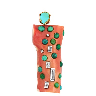 Lot 286 - Coral, Turquoise and Diamond Clip-Brooch