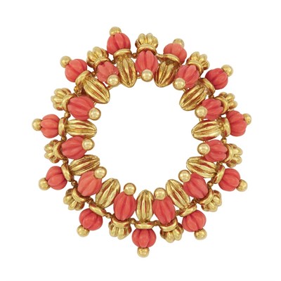 Lot 247 - Gold and Fluted Coral Bead Pendant-Brooch, Tiffany & Co.