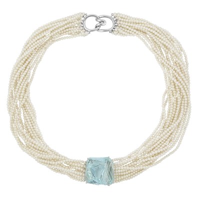 Lot 173 - Sixteen Strand Cultured Pearl, Platinum and Aquamarine Necklace, Tiffany & Co., Angela Cummings