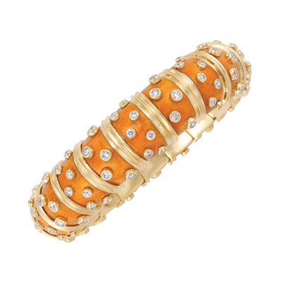 Lot 430 - Gold, Orange Paillonne Enamel and Diamond Bangle Bracelet, Tiffany & Co., Schlumberger