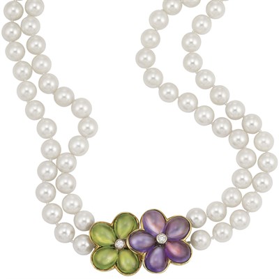 Lot 406 - Double Strand Cultured Pearl, Gold, Cabochon Amethyst and Peridot and Diamond Flower Clip-Brooch Necklace, Van Cleef & Arpels