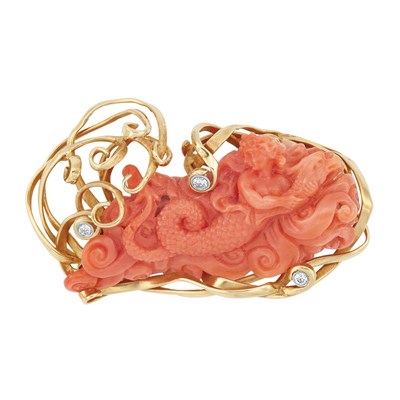 Lot 244 - Gold, Carved Coral Mermaid and Diamond Brooch
