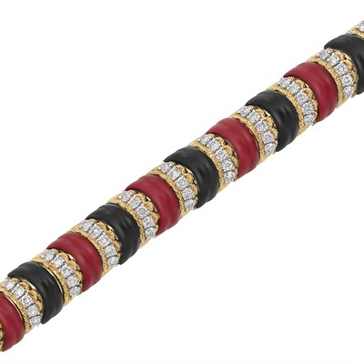 Lot 437 - Gold, Diamond, Oxblood Coral and Black Onyx Bracelet