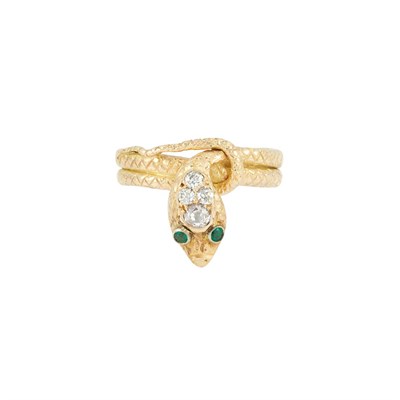 Lot 127 - Gold, Diamond and Emerald Snake Ring