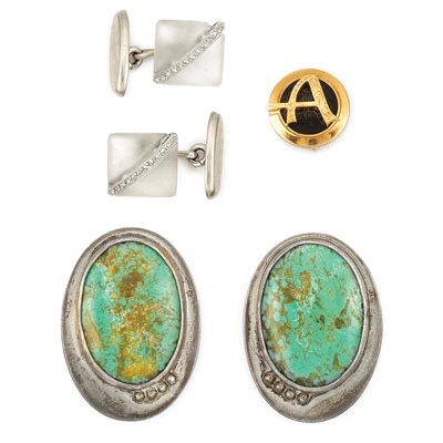 Lot 935 - Pair of Silver and Turquoise Earrings and Pair of Frosted Rock Crystal and Diamond Cufflinks