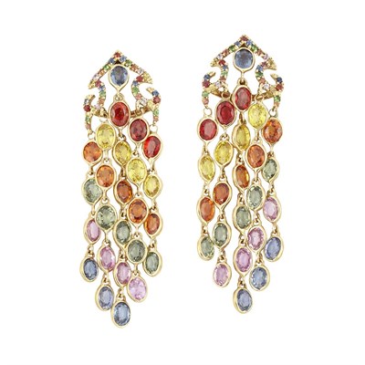 Lot 91 - Pair of Gold and Multicolored Sapphire Fringe Earrings