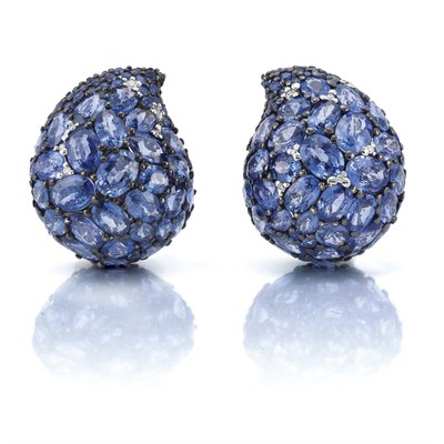 Lot 465 - Pair of Sapphire and Diamond Bombe Earclips