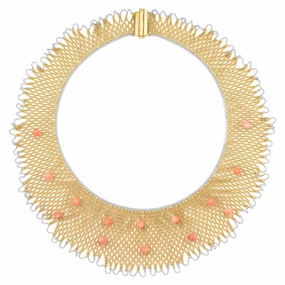 Lot 289 - Two-Color Gold and Coral Mesh Bib Necklace
