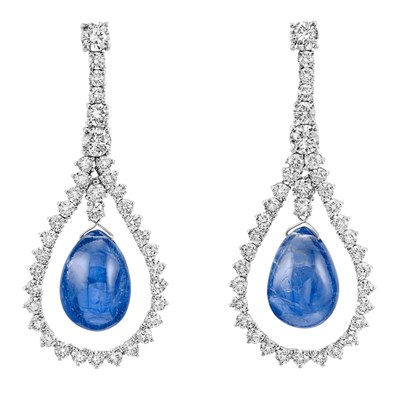Lot 466 - Pair of White Gold, Diamond and Sapphire Pendant-Earrings