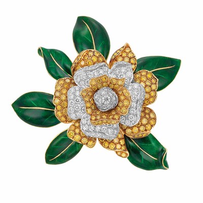 Lot 452 - Gold, Platinum, Fancy Yellow Diamond, Diamond and Enamel 'Gardenia' Clip-Brooch, Oscar Heyman Bros.