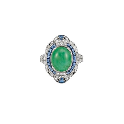 Lot 165 - White Gold, Cabochon Emerald, Sapphire and Diamond Ring