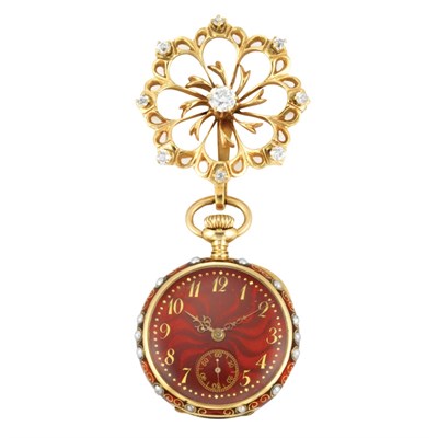 Lot 263 - Antique Gold, Diamond, Split Pearl and Red Guilloche Enamel Lapel Watch