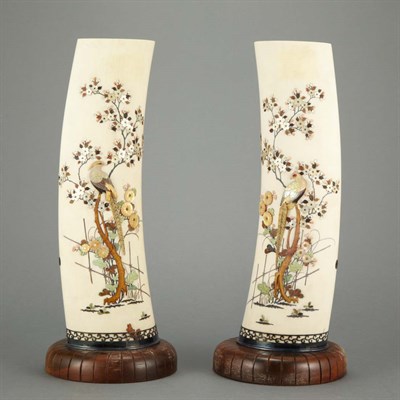 Lot 471 - Pair of Japanese Shibayama Ivory Tusk Vases...