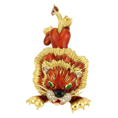 Lot 493 - Gold, Enamel, Diamond and Cabochon Dyed Green Chalcedony Lion Clip-Brooch