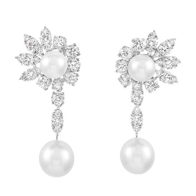 Lot 477 - Pair of Platinum, Cultured Pearl and Diamond Pendant-Earrings, Van Cleef & Arpels