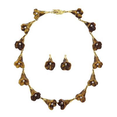Lot 260 - Gold, Tiger's-Eye and Diamond Flower Necklace and Pair of Earclips