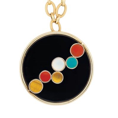 Lot 263 - Long Gold Chain Necklace with Gold, Black Onyx and Hardstone Pendant